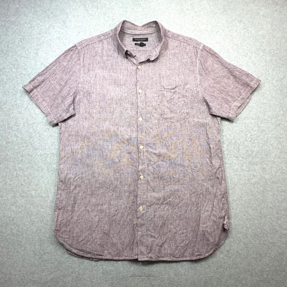 Banana Republic Shirt Mens Large Maroon Stripe Short Sleeve Button Linen Camden